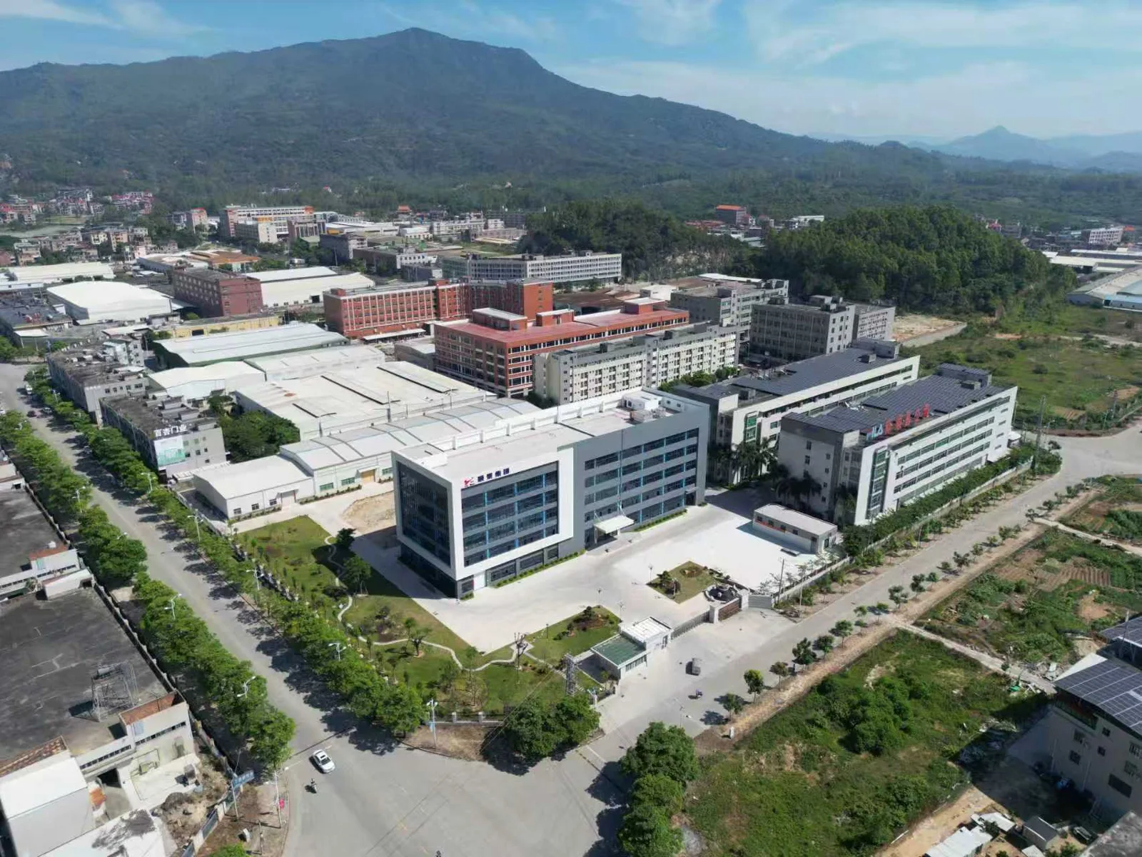 Factory buildings and internal roads viewed from above