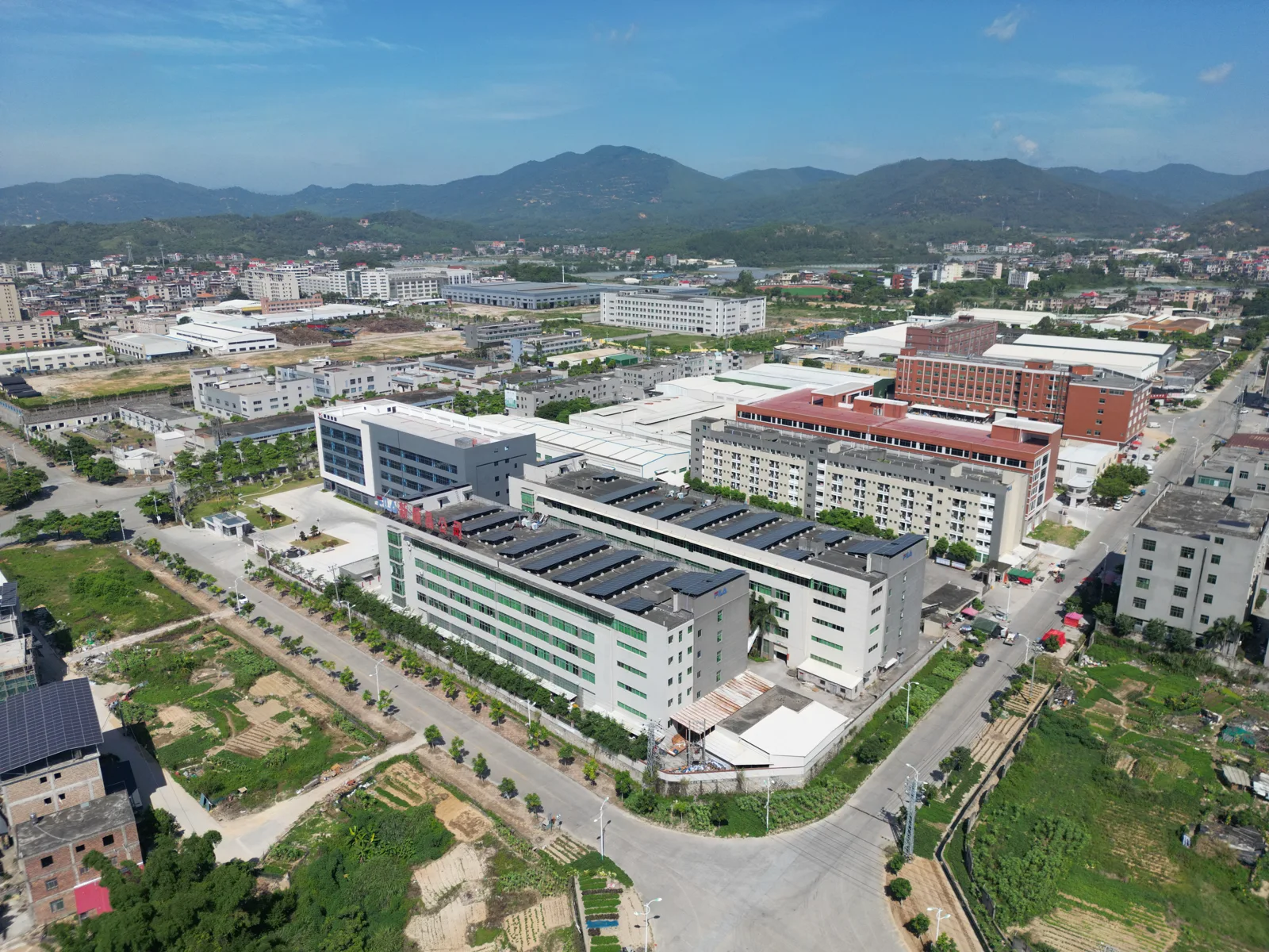 Aerial view of the factory campus and surrounding roads